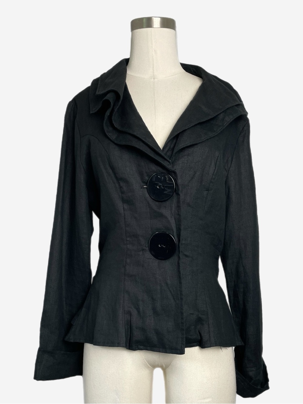 Vintage 90s Design Today Black linen oversized button ruffle blazer poetcore S/M